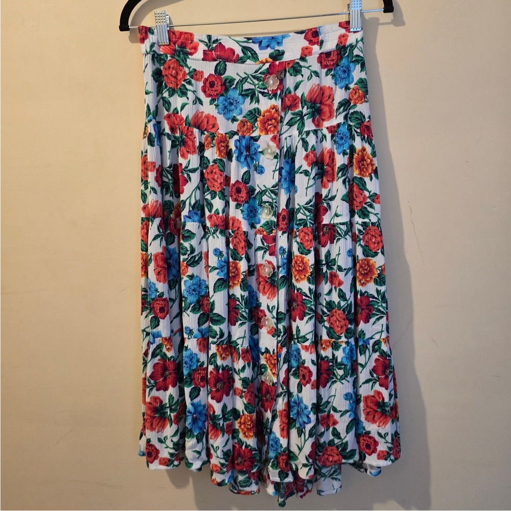 Vintage 90s Chaus Petites Skirt Womens 4 White Floral Tiered Button Front Midi